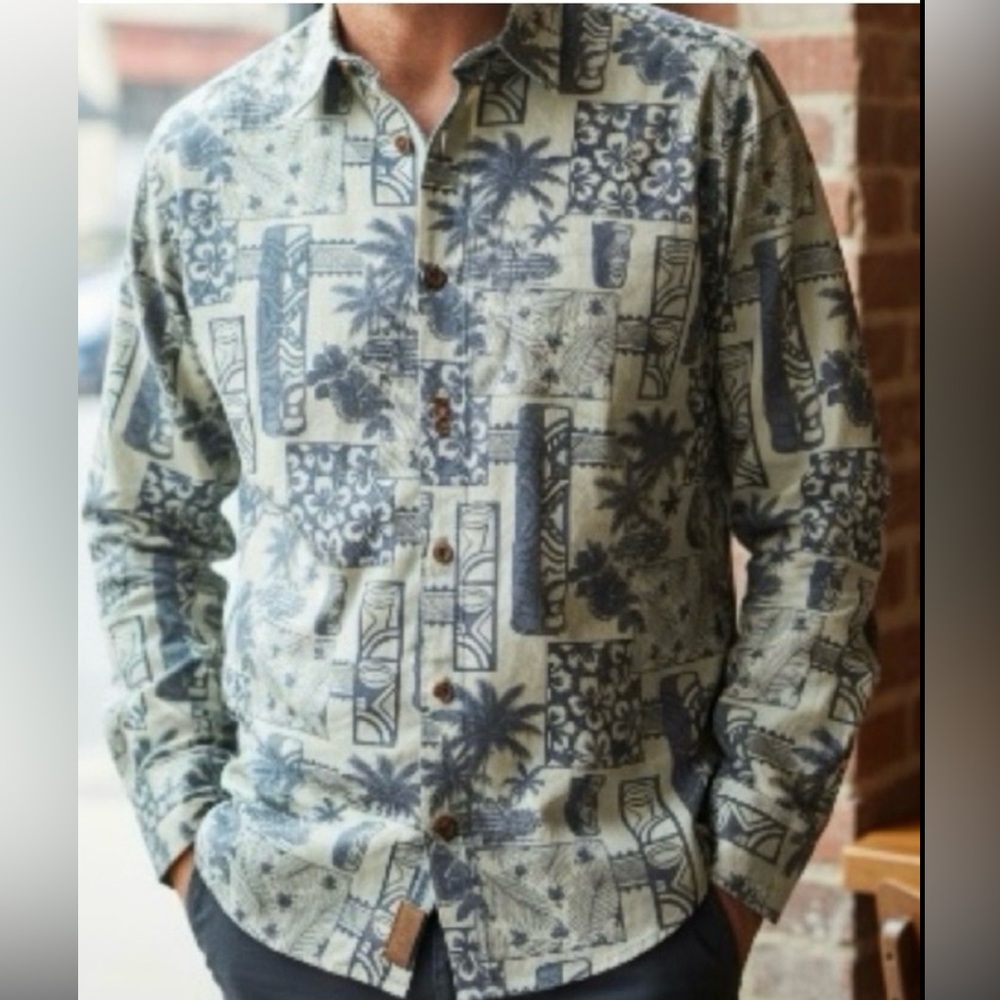 REYN SPOONER Vintage Long Sleeve Hawaiian Aloha Shirt Small Palm Tree Print Blue